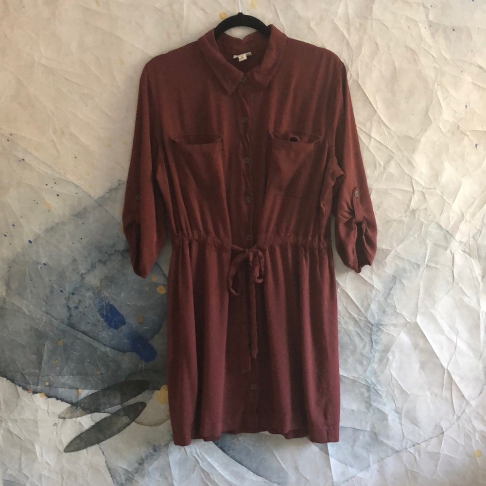 a.n.a. Collar and Tie Waist Button Down Burgundy Dress - Picture 1 of 9